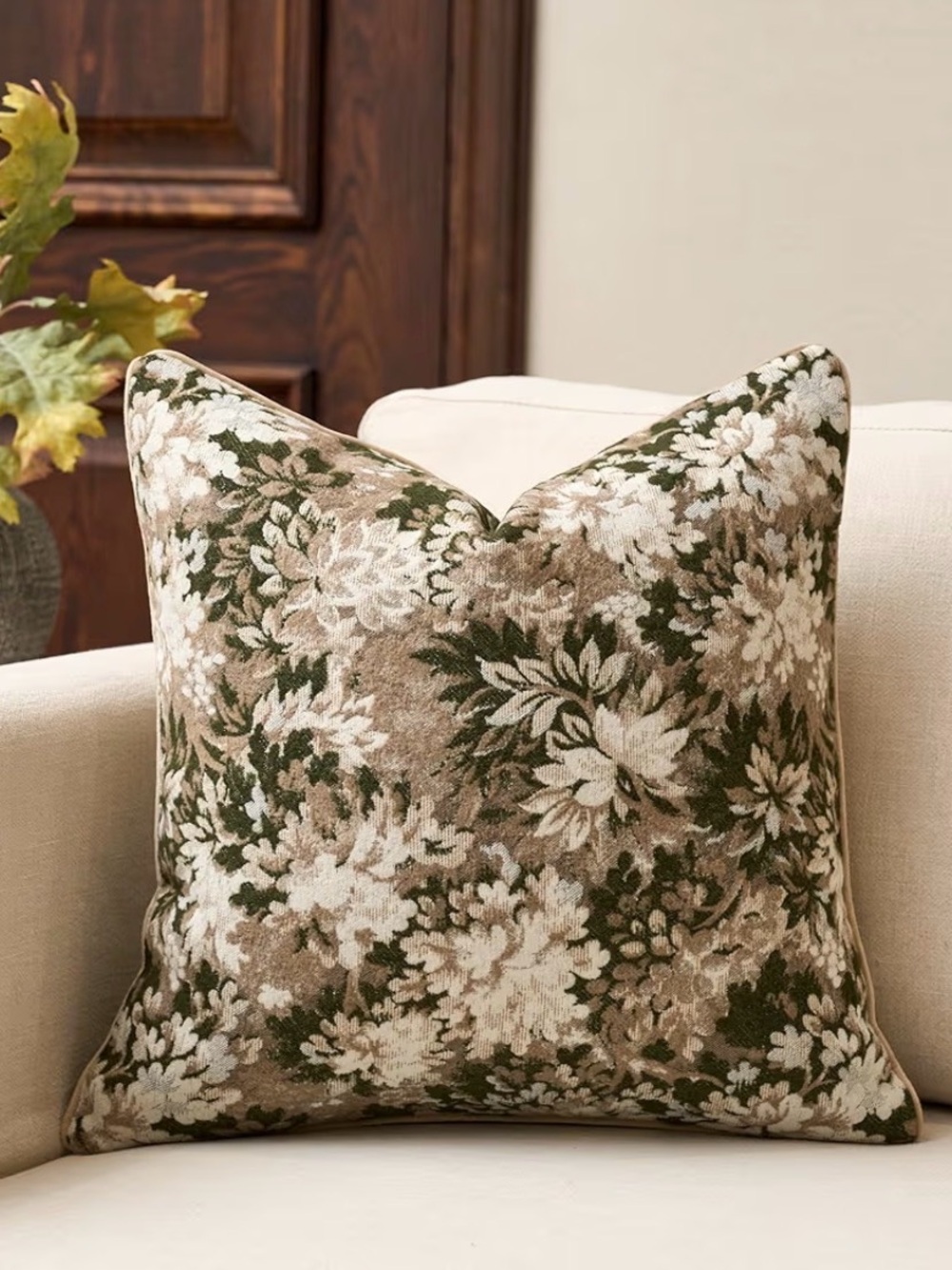 Set of 2 : Floral Jacquard Throw Pillow Covers in Olive and Taupe - Picture 1 of 1